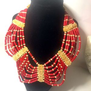 Vintage statement bib Himalayan necklace natural beads, 18”
